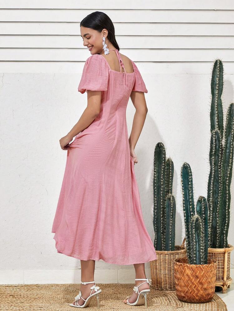 Women'S Puff Sleeve Pleated Bubble Hem Dress