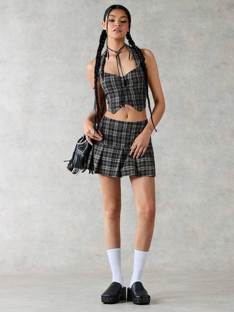 Plaid Button Down Shirt And Pleated Skirt Set