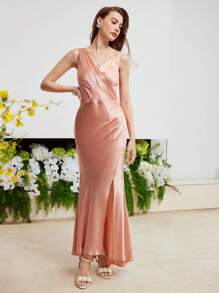 MOTF PREMIUM Lụa Surplice cổ Xù Tách đùi Đầm - Màu Cam san hô - Xem 9
