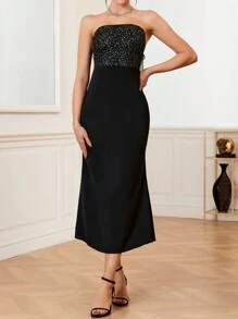 SHEIN Belle 露背美人鱼露肩连衣裙，配银箔印花、大蝴蝶结装饰长款女士服装 - 黑色 - 查看 5