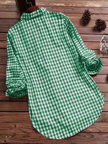 INAWLY Women's Plaid Short Front Long Back Shirt - Green - View 2