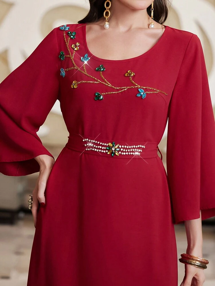 Burgundy Red Rhinestone Embellished Round Neck A-Line Dress With Waistband, Elegant Evening Party Dress Long Evening Dresses