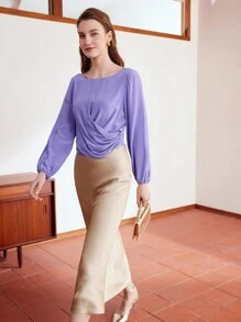 MOTF PREMIUM SILK BOAT NECK LANTERN SLEEVE CROSS WRAP BLOUSE - Purple - View 6