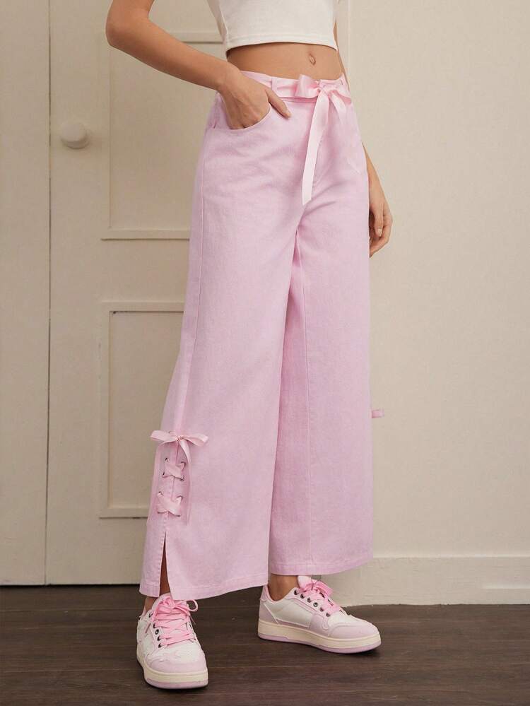 Women's Loose Wide Leg Pants With Side Bow Detail