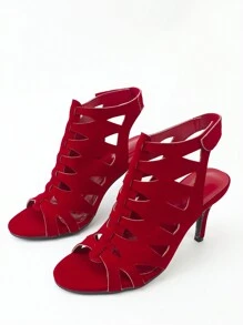 春夏女士高跟红色露趾激光切割凉鞋 - 紅色 - 查看 3