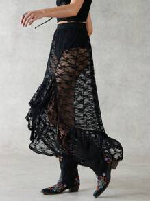 Forever 21 Falda Asimétrica Transparente De Encaje De Color Sólido Para Mujer Con Detalle De Volante