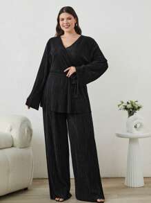 EURMUSE Solid Cross Belted Top & Wide Leg Pants - Black - View 5