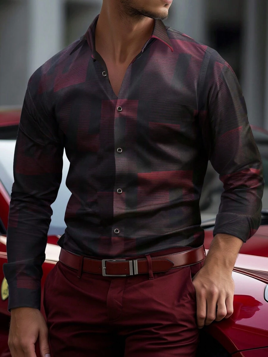 Manfinity Homme Camisa de trabajo gráfica con botones, de manga larga y estampado completo para hombre con ajuste delgado, ideal para su esposo - Multicolor - Ver 1