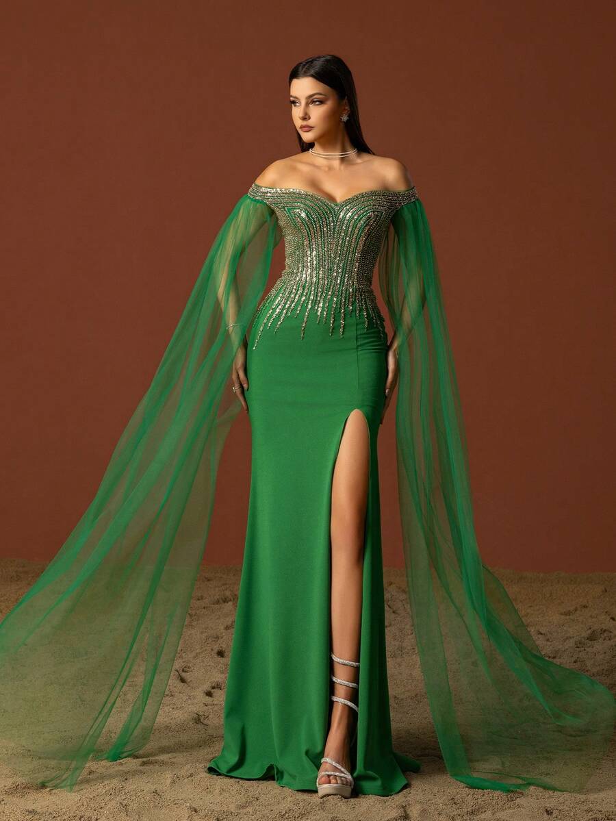 优雅绿色网眼亮片露肩礼服女士舞会晚会婚礼宾客礼服，适合毕业典礼、晚宴