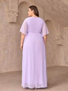 SHEIN Belle 大码女式纯色荷叶边袖 V 领伴娘礼服优雅正式晚会舞会婚礼宾客礼服，适合毕业典礼、晚宴派对 - 紫丁香色 - 查看 8