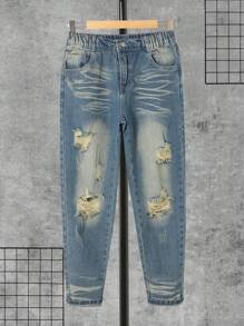 Tween Boy Street Style, Casual, Comfortable, Simple, Distressed Jeans - Medium Wash - View 1