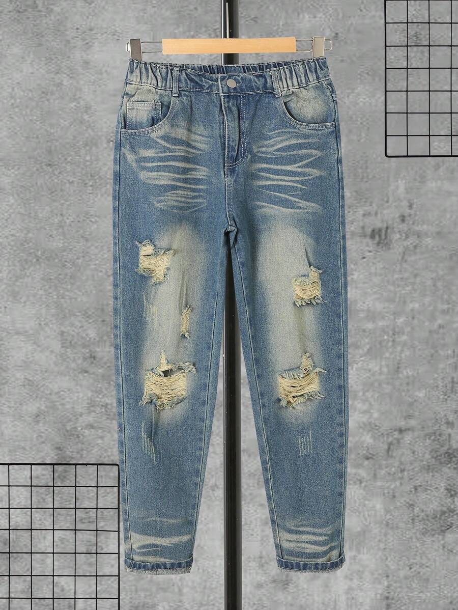 Tween Boy Street Style, Casual, Comfortable, Simple, Distressed Jeans - Medium Wash - View 1