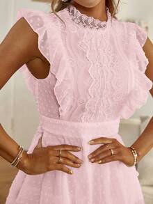 Simplee Women's Stand Collar Contrast Lace Flutter Sleeve Jumpsuit - Pink - View 6