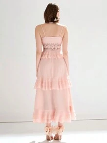 Enchnt Vestido Largo De Tejido Pastel Rosa Con Inserto De Encaje, Volantes Y Adornos - Rosa Pálido - Ver 3