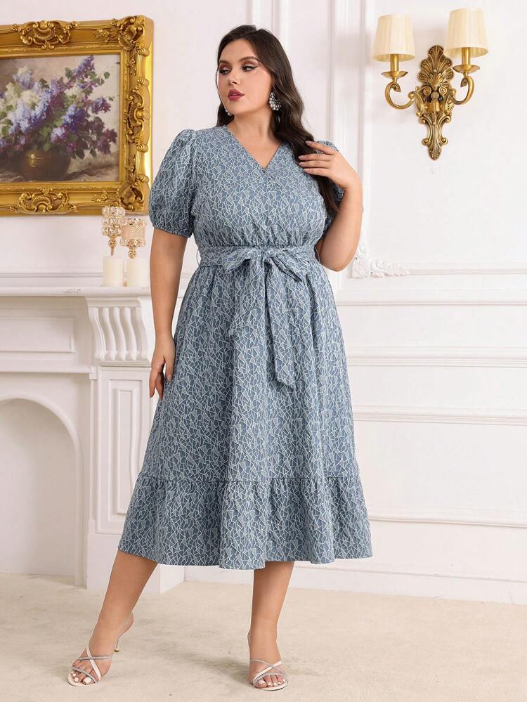 Plus Size Floral Printed V-Neckline Dress With Cinched Waist, Puff Sleeve And Ruffled Hem Long Evening Dresses
