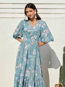 Mulvari Vestido Midi Con Estampado Floral Y Dobladillo Con Volantes Para Mujer - Celeste - Ver 6