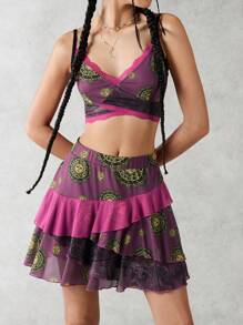 Forever 21 女性太陽臉圖案拼接花邊背心和裙子套裝 - 淺灰紫 - 查看 3