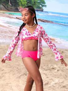 Tween Girls' Floral Printed Bikini Set With Ruffled Hem + Bell-Sleeve Sun Protection Kimono Cover-Up - Multicolor - View 1
