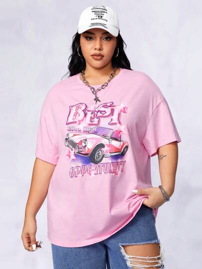 Plus Bikercore Dopamine Dressing Car & Letter Graphic Drop Shoulder Tee