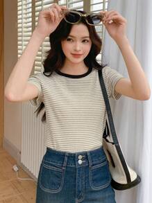 DAZY 女士圓領條紋短袖t恤 - 黑與白 - 查看 2