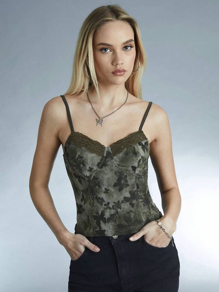 Women's Tie Dye Butterfly Printed Lace Trim Camisole Top