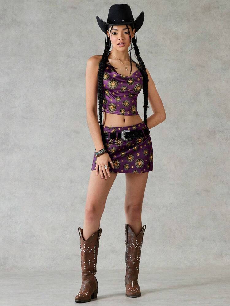 Women's Sun Face Print Halter Neck Vest And Skirt Set Cowgirl Outfit