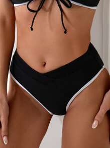SHEIN Swim Summer Beach Contrast Color Trim V-Waist Swimwear Bottom - Black and White - View 3