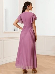 SHEIN Belle Solid Color Elegant Pleated Twisted Knot Ruffle Sleeve Bridesmaid Dress