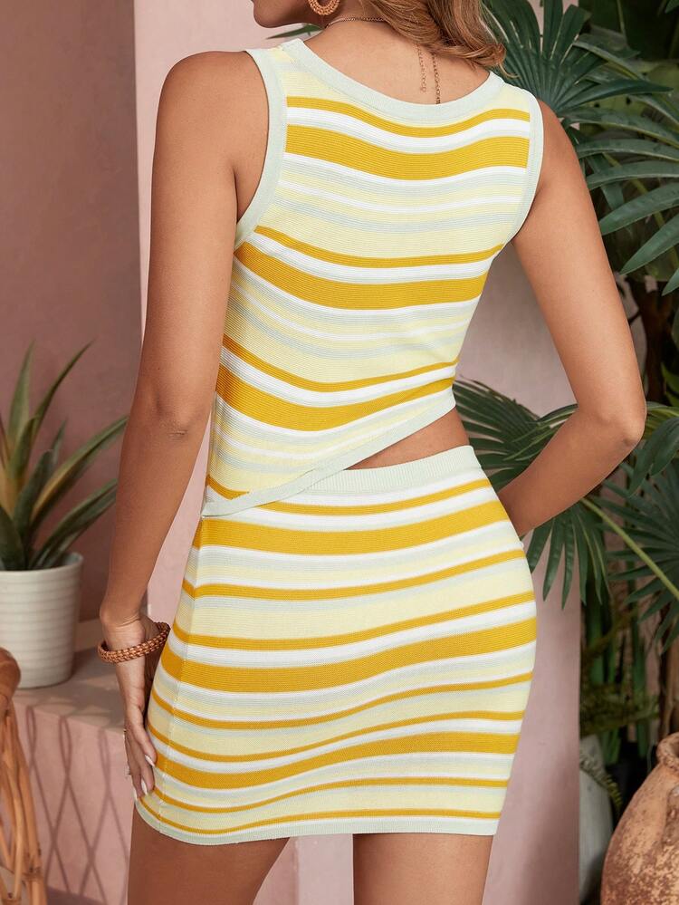 Color Block Striped Asymmetric Neck Hollow Out Slim Fit Sweater Dress