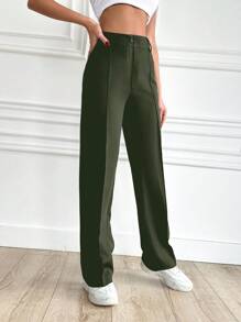 RueChic Của phụ nữ Màu thuần Giải trí Giò thẳng Quần - Màu xanh lá cây đậm - Xem 4