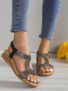 Summer Comfortable Fairy Style High Heel Wedge Sandals With Thick Bottom, Rhinestone Decor, Open Toe, And Roman Style Valentines - Black - View 8
