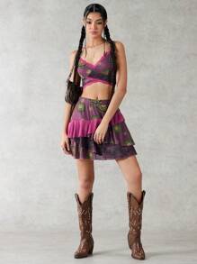 Forever 21 女性太陽臉圖案拼接花邊背心和裙子套裝 - 淺灰紫 - 查看 5