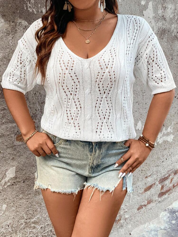Plus Size Hollow Out Knitted V-Neck Drop Shoulder Sweater Fall Winter