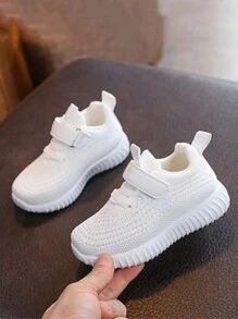 Kids' Plain Hook And Loop Knitted Sports Sneakers, Simple & Practical Multifunctional