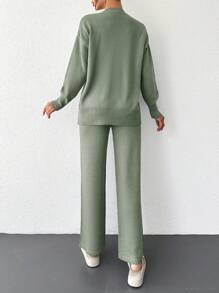 EURMUSE Của phụ nữ Màu thuần Vòng cổ Thả vai Áo len Và Quần Hai chiếc Bộ - Màu xanh Bạc hà - Xem 2