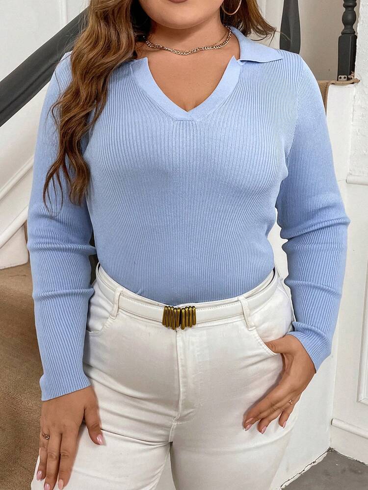 Plus Size Solid Color Rib Knit Sweater Knit Pullover Fall Winter