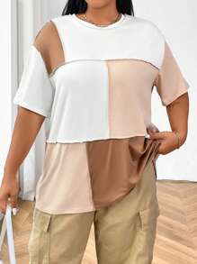 Flirla Plus Size Loose Fit Drop Shoulder Colorblock Summer T-Shirt - Multicolor - View 3