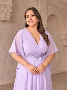 SHEIN Belle 大码女式纯色荷叶边袖 V 领伴娘礼服优雅正式晚会舞会婚礼宾客礼服，适合毕业典礼、晚宴派对 - 紫丁香色 - 查看 6
