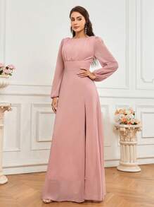 SHEIN Belle Vestido De Dama De Honor Para Adultos Con Mangas Abullonadas, Diseño De Abertura Y Pliegues En La Parte Superior Del Cuerpo - Rosa vieja - Ver 2