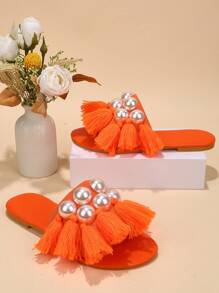 Dép xăng đan đế bằng đính ngọc trai và trang trí thời trang với đế trong suốt, thích hợp cho trang phục đi biển, trang phục mùa hè. - Màu Cam cháy - Xem 2