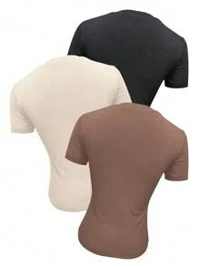 INAWLY Women's Slim Fit Ribbed Round Neck Solid Color T-Shirt - Multicolor - View 2