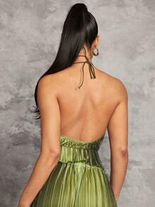 SHEIN BAE Màu xanh lá cây gradient xếp li xếp li Halterneck gợi cảm lớn hở lưng eo-Cinching xù vai lạnh áo ba lỗ nữ - màu xanh lá - Xem 3