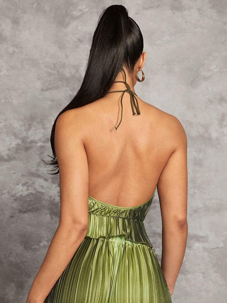 Green Gradient Pleated Pleated Halterneck Sexy Big Backless Waist-Cinching Ruffled Cold Shoulder Women's Tank Top