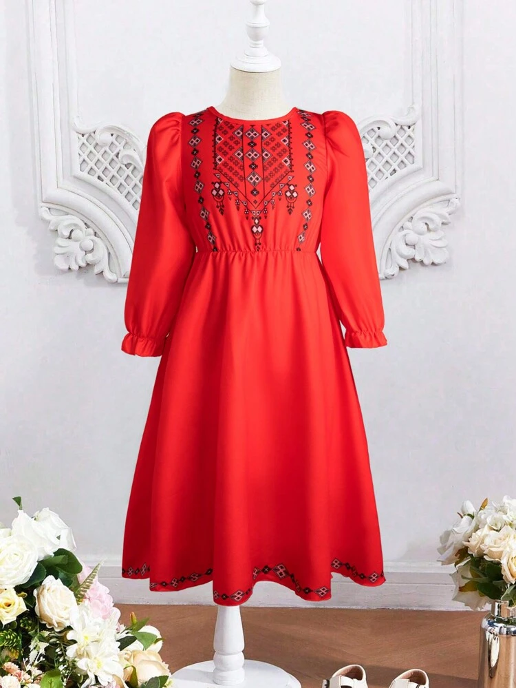 Young Girl Geometric Printed Bubble-Sleeved Dress With Round Neckline