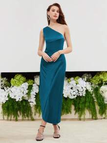 MOTF PREMIUM SILK ONE SHOULDER RUCHED SPLIT HEM DRESS - Dark Green - View 9
