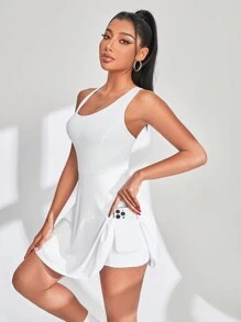 SHEIN 女式后背交叉带智能手机口袋运动网球连衣裙 - 白色 - 查看 3