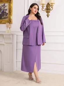 Modelyn Plus Size Solid Color Single Button Blazer And Slit Hem Dress Set - Purple - View 6