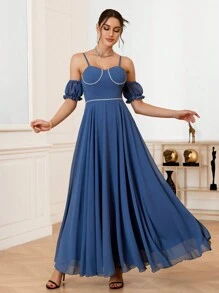 SHEIN Belle Elegant And Romantic Strappy Bridesmaid Dress With Woven Detailing And Cold Shoulder Design