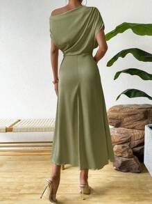 SHEIN Unity 女性純色不對稱領襯衫連身緊身裙 - 綠色 - 查看 2