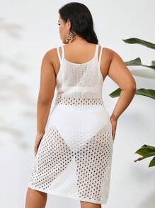 SHEIN Swim Curve 大码女式镂空开衩下摆罩衫连衣裙 夏季 - 白色 - 查看 2